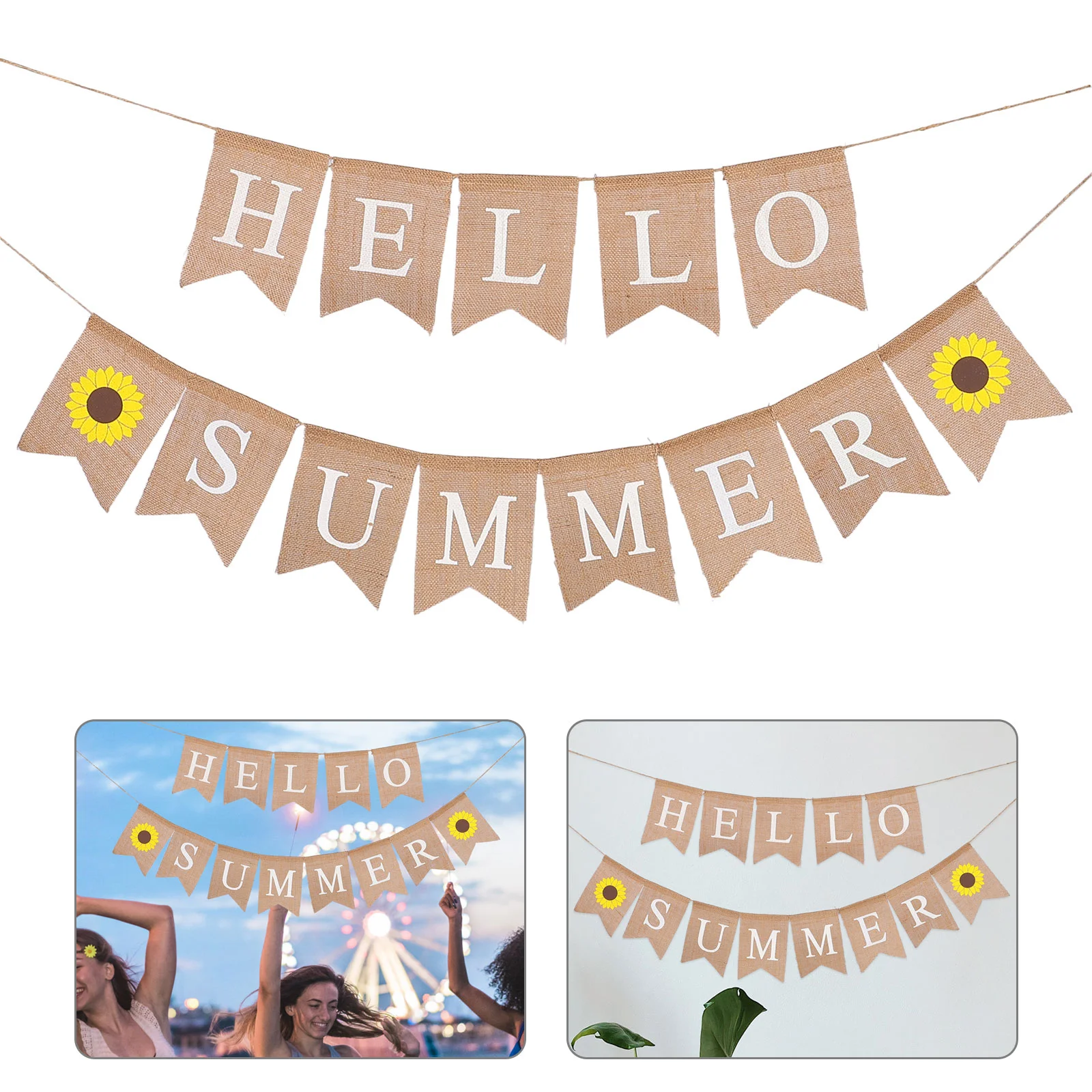 

Garland Hello Summer Letters Garland Hawaii Party Bunting Banner Sunflower Linen Dovetail Shape Party Decoration