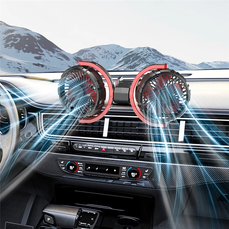 

AUTO Car Double Head Fan Brushless Motor Air Cooling Fan Adjustable 3 Mode Auto Cooler Portable Dashboard