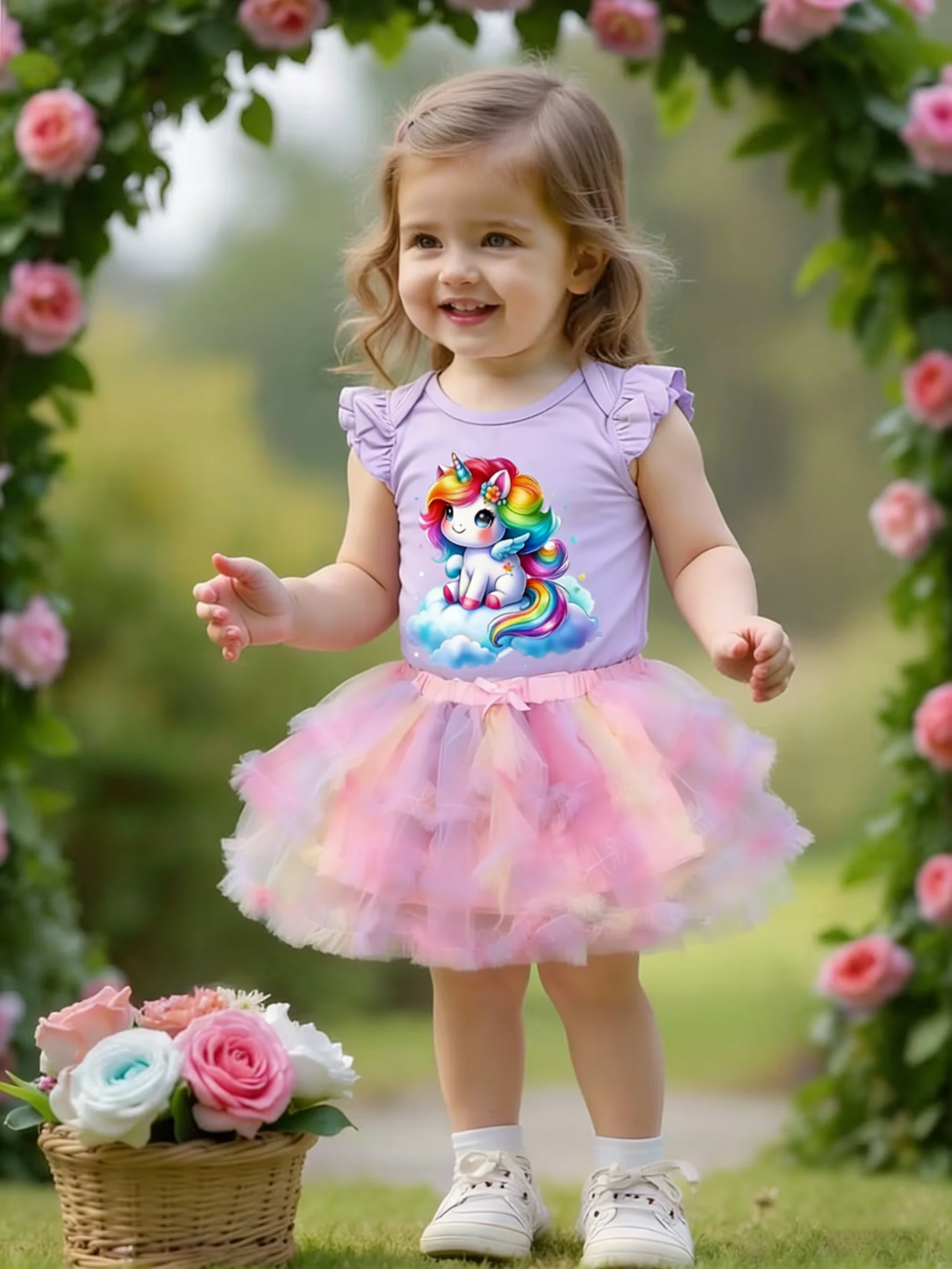 Sweet Style Light Purple Tee Pink Tutu Skirt Baby Girl Unicorn Print Ruffle Sleeve Set New Arrival