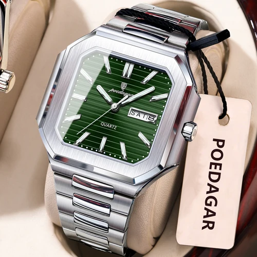 Imagen 2 del producto POEDAGAR Reloj cuadrado de lujo para hombre, resistente al agua, luminoso, con fecha, semana, relojes de cuarzo para hombre, Reloj de moda de acero inoxidable para hombre