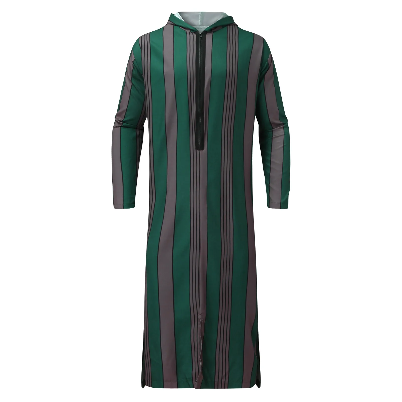 Men's Striped Hooded Muslim Robe Casual Half Zipper Long Sleeve Jubba Thobe Saudi Arabia Islamic Kaftan Arabian Dubai Long Robes