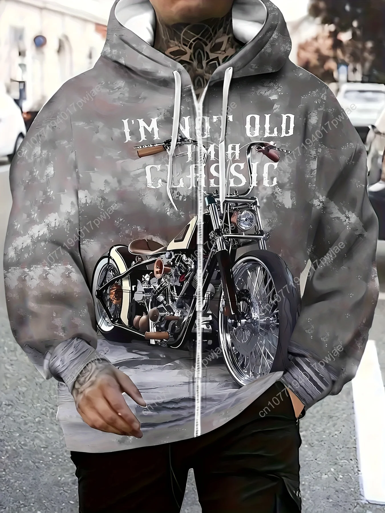[Мотоциклетная толстовка с принтом] Легкая мужская толстовка на молнии с мотоциклетным принтом из 100% полиэстера |   Винтажный геометрический дизайн, R