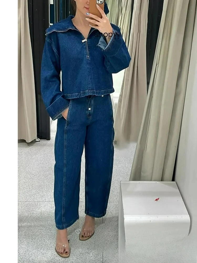 

KONDALA винтажный повседневный шикарный женский ковбойский костюм на молнии, свободные куртки с длинными карманами, брюки, мода 2025, весна-лето, джинсовые костюмы