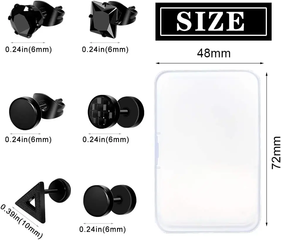 12 Pairs Black Stud Earrings Set for Men and Women - Stainless Steel Cross Jewelry Piercings