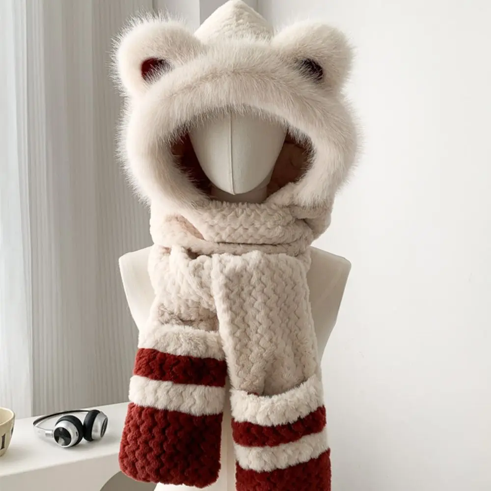 Topi Pelindung Beruang Berkualitas Tinggi Desain Tebal Model Pullover Terintegrasi dengan Sarung Tangan dan Syal Tahan Angin dengan Pelindung Telinga Lembut