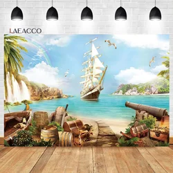 Laeacco Summer Beach Island Pirate Ship Backdrop Ocean Seascape Palm Trees Treasure Kid Birthday Portrait Photography Background