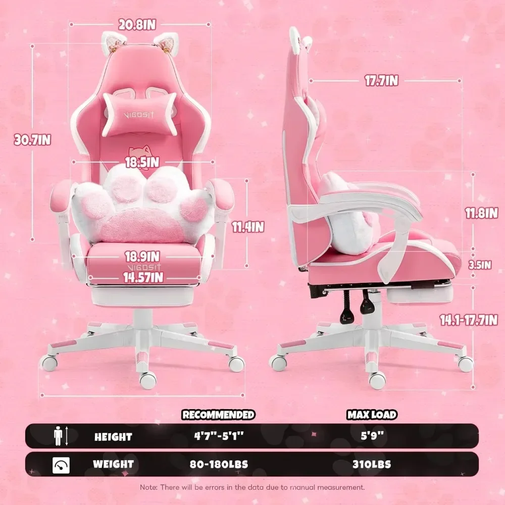 Cute Gaming Chair with Lumbar Cushion, Ergonomic Computer Chair with Footrest, Reclining PC Game Chair for Girl