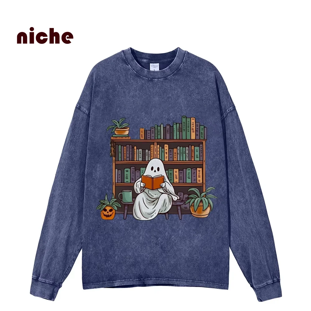 Cute Ghost Bookshelf Printed Sweater High Quality Cotton Round Neck Pullover Loose Oversize Shoulder Trend New Long Sleeves