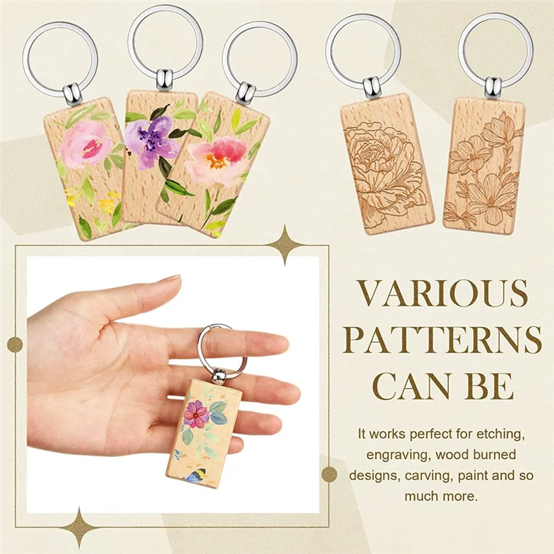 A98U 50 Pezzi Chiave in Legno Vuoto Tag Chiave Incisione Spazi Vuoti Portachiavi in Legno Non Finito Portachiavi Tag Chiave per Artigianato Fai da Te, Rettangolo