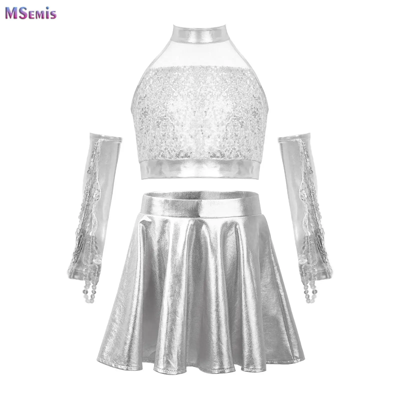 

Girls Sequins Jazz Cha-cha Samba Dance Costumes Halter Sequins Top with Shorts And Tassels Gloves Latin Stage Performance Outfit