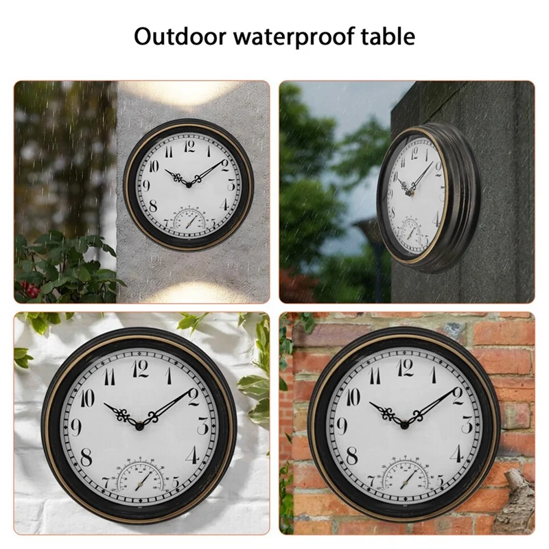 Outdoor Waterproof Wall Clock With Thermometer IP44 Vintage Round Garden Decor Clock 12 Inch Outdoor Clock