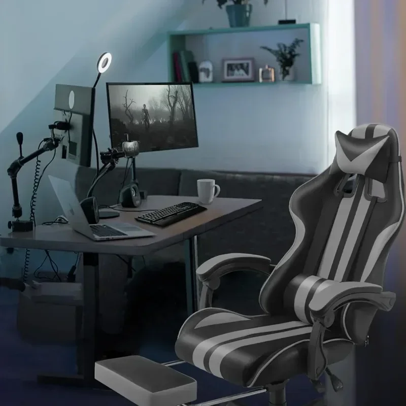 Grey Gaming Chairs with Footrest,PC Gaming Chair,Computer Chair, E-Sports Chair,Ergonomic Office Chair with Adjustable