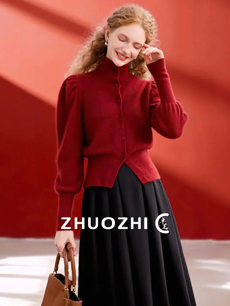 

Красный вязаный кардиган с высоким воротником на одной пуговице, облегающий, мягкий, в французском стиле, с длинными рукавами, женский, модный, осенняя новинка