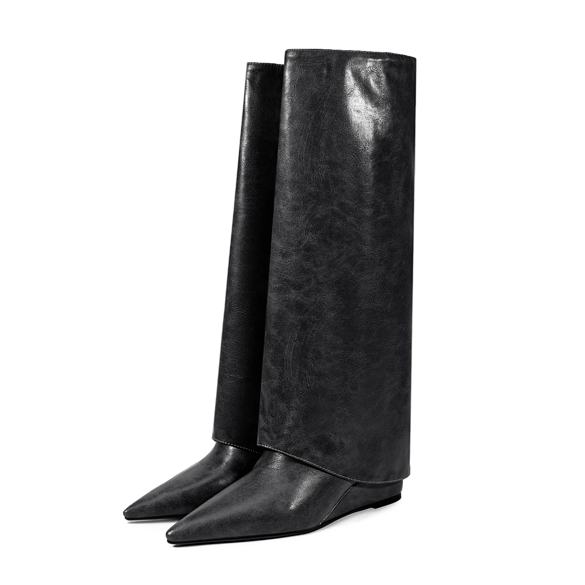 

Pointed-Toe Soft Leather Catwalk Pants Boots Wedge-Heeled Knee-High Fashion Botines Slimming Long-Leg Large-Size Botas Femininas