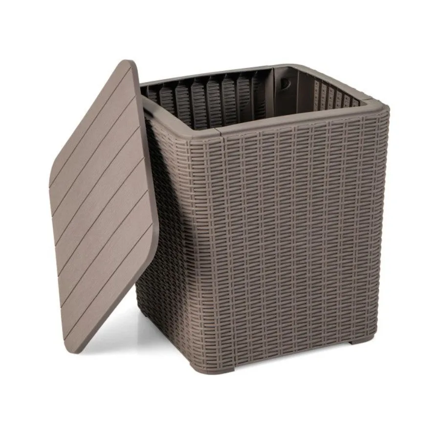 

Outdoor Resin Storage Side Table with Removable Lid and Wickerwoven Accent