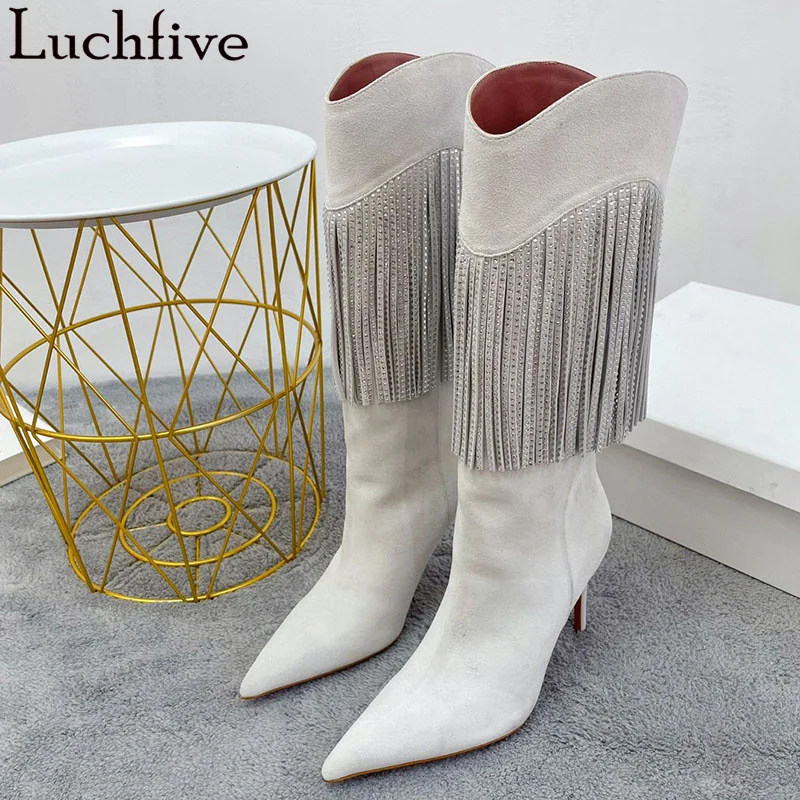 

Quality Fashion Week Knee High Boots Women Crystal inlaid Tassel Design Pointy Toe Thin High Heel Long Boots Luxury Brand Boots