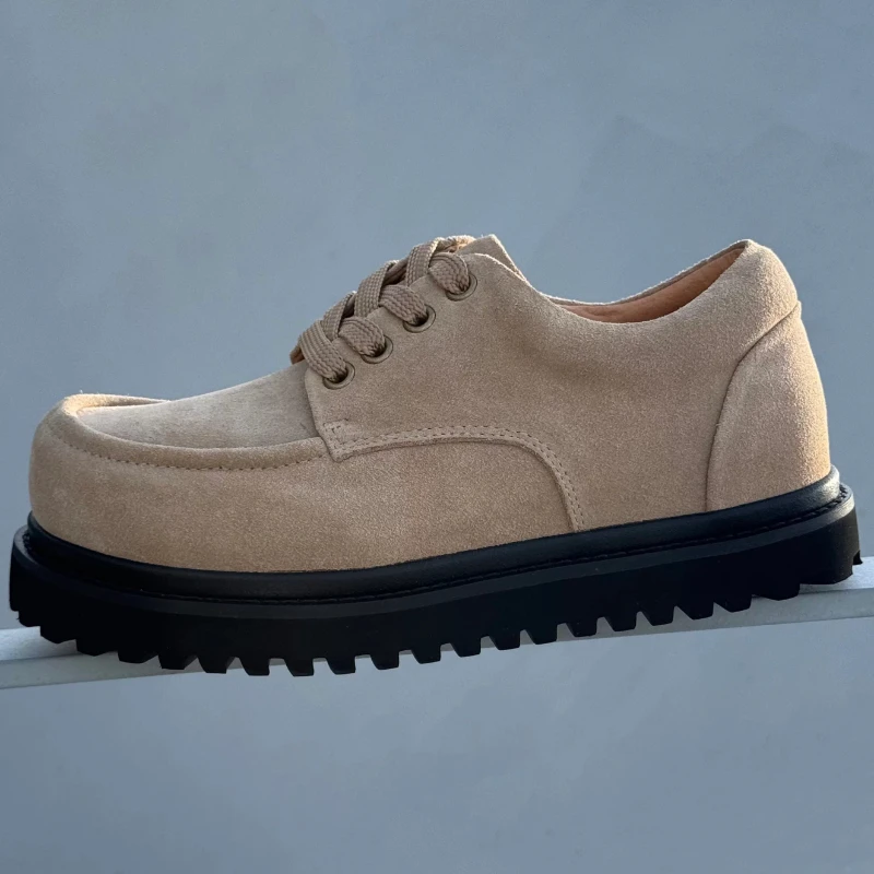 Japanese Retro Wide Version Suede Leather Thick Soled Derby Shoes Men's 6cm Height Increasing Shoes Big Head Casual Tooling Shoe
