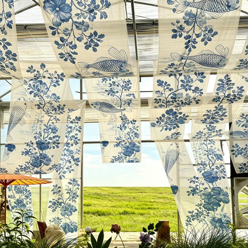 ✨ Hanging Room Divider – Indigo Tie-Dye Print Semi-Sheer Chiffon Drape, Ceiling Hanging Party Decor Curtain for Boho Events