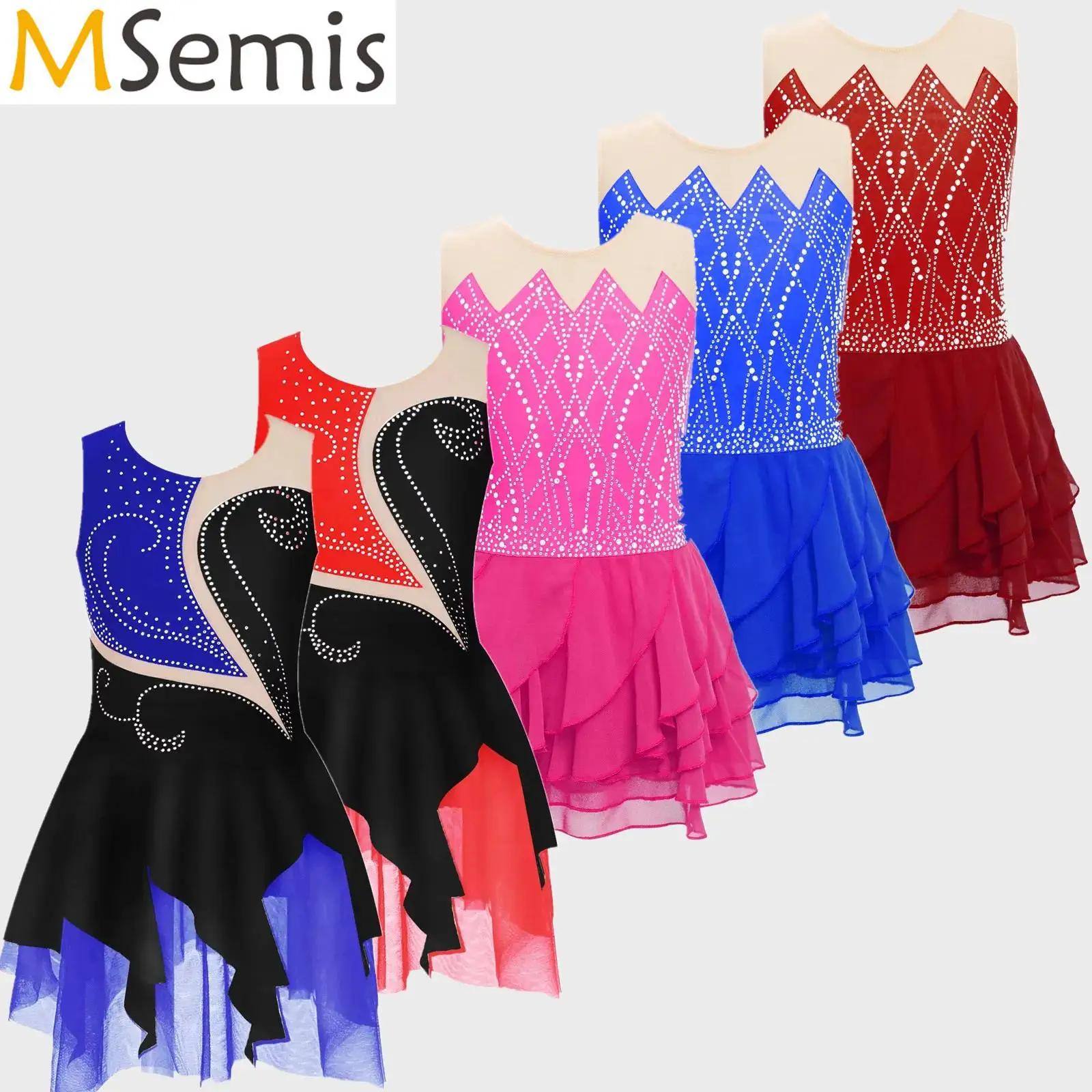 

Kids Girls Shiny Rhinestones Gymnastics Figure Skating Ballet Lyrical Dance Costume Tiered Ruffled Leotards Dress Dancewear