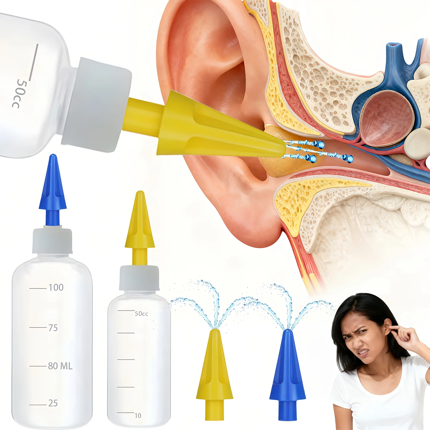 5-Hole Ear Cleaner, Large Capacity (100Ml/50Ml) Manual Earwax Cleaning Tool, Can Be Cleaned in One Go, Easy to Squeeze and Use, Can Be Easily Used by One Person, for Home Use, Earwax Rinsing Device, Gentle on the Ears, 5-Hole Water Outlet, 360-Degree Rotation ° Ear Canal Rinse (Blue/Yellow)