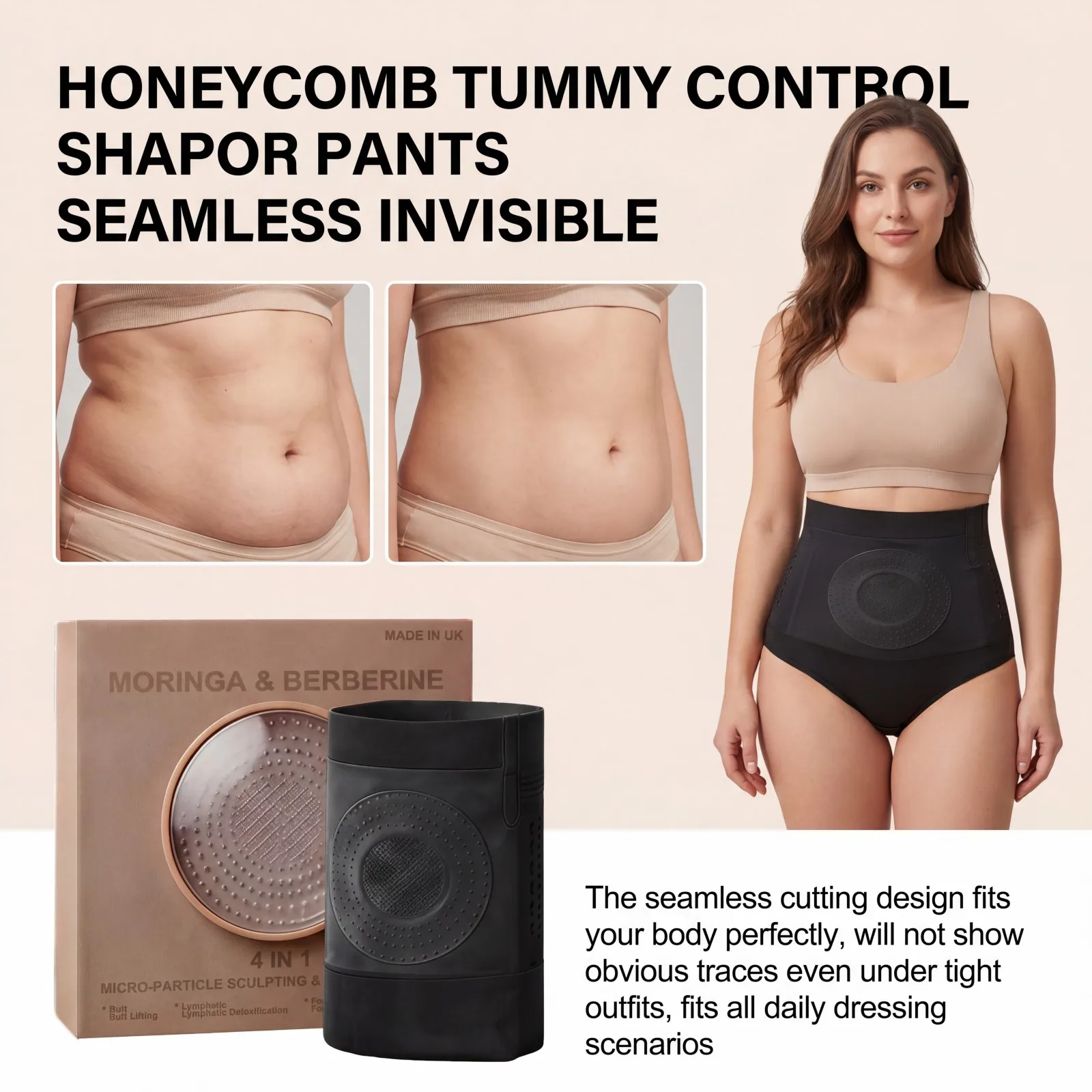 Honeycomb Tummy Control Pants High Waist Nylon Seamless Waist Trimming Slimming Breathable Skin-friendly Women Daily