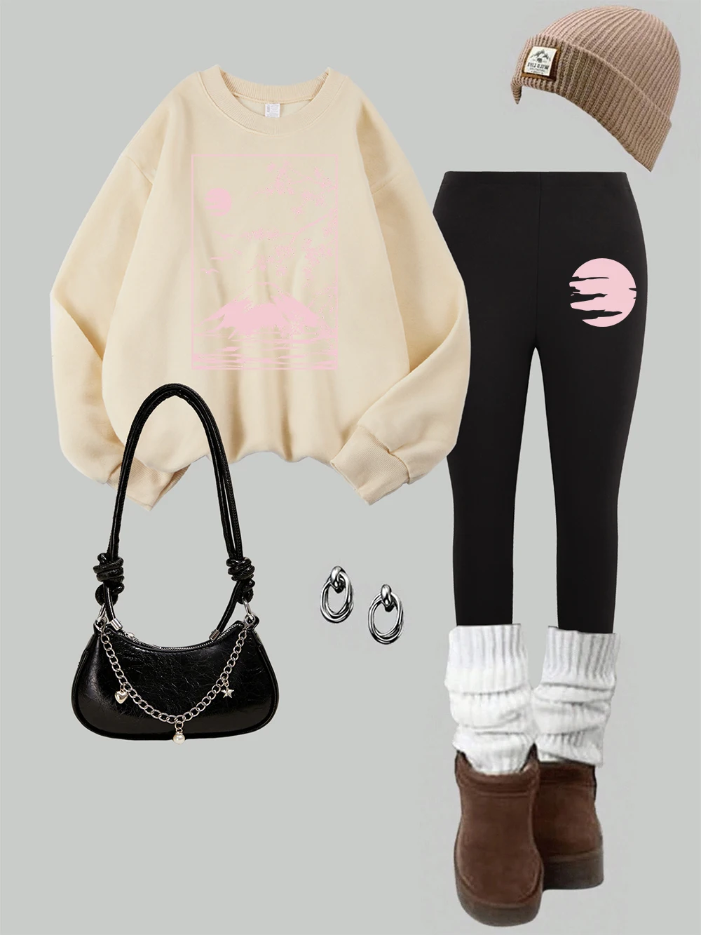 2 pezzi da donna Tokyo Sakura Mount Fuji Business Stampe Felpa Leggings Set inverno caldo pile con cappuccio pantaloni abbigliamento da strada