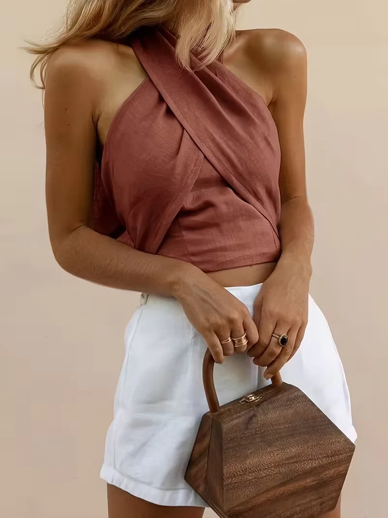 Cropped Top, Women's Solid-Colored Cropped Cross-Back Top
