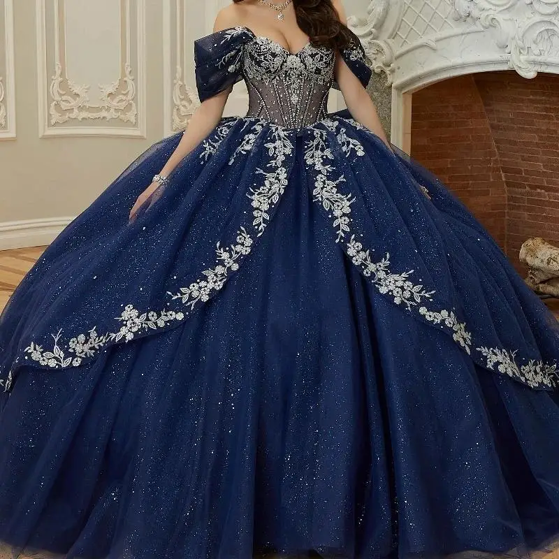 

Glittering Navy Blue Quinceanera Dresses Off The Shoulder Silvery Applique Bow Beading Crystal Tull Vestidos De 15 Anos