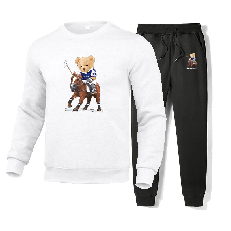 Bear Printed Sweatshirt Mens 2 piece set winter tracksuit mens warm tracksuits  sweatshirts sweatpants streetwear jogging set