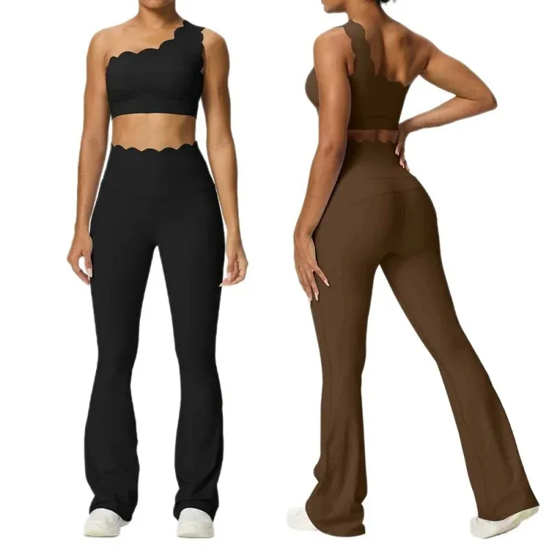 Yoga Two Piece Set Women's Underwear High-Waist  Slimming Fit Flared Pants Lace Single Strap Bra Outdoor Sports Fitness Suits