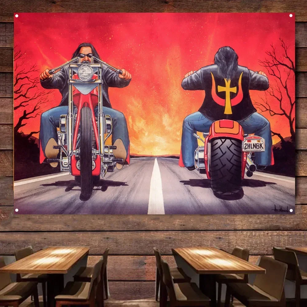 Riding in Flames Motorcycle Art Tapestry Wall Painting Gas Station Wall Decor Flag Banner Motor Shop Poster Home Decor Sticker