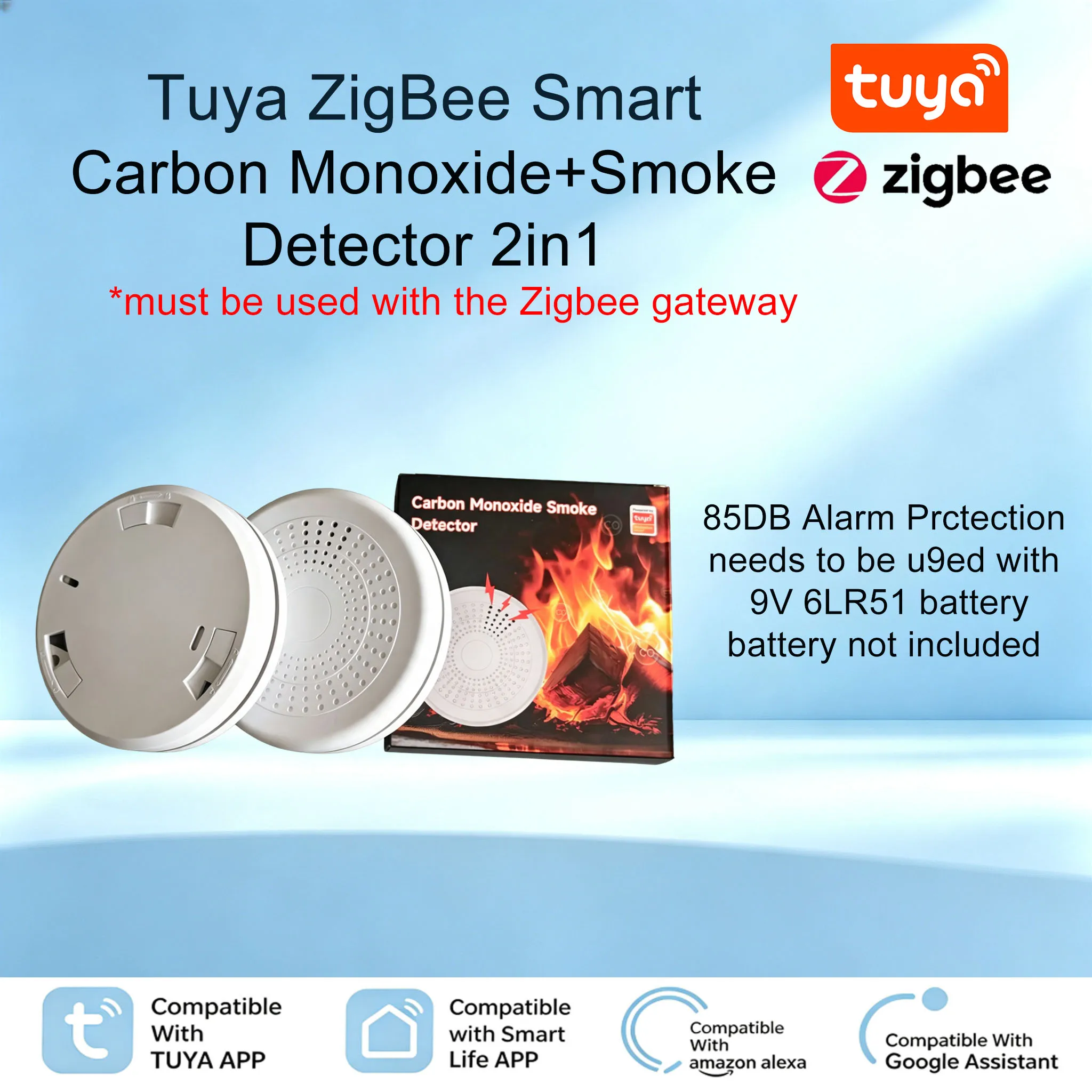 Smart ZigBee Smoke & CO Composite Alarm Tuya APP Control Fire Carbon Monoxide Detector Loud Sound Warning Home Safety Sensor