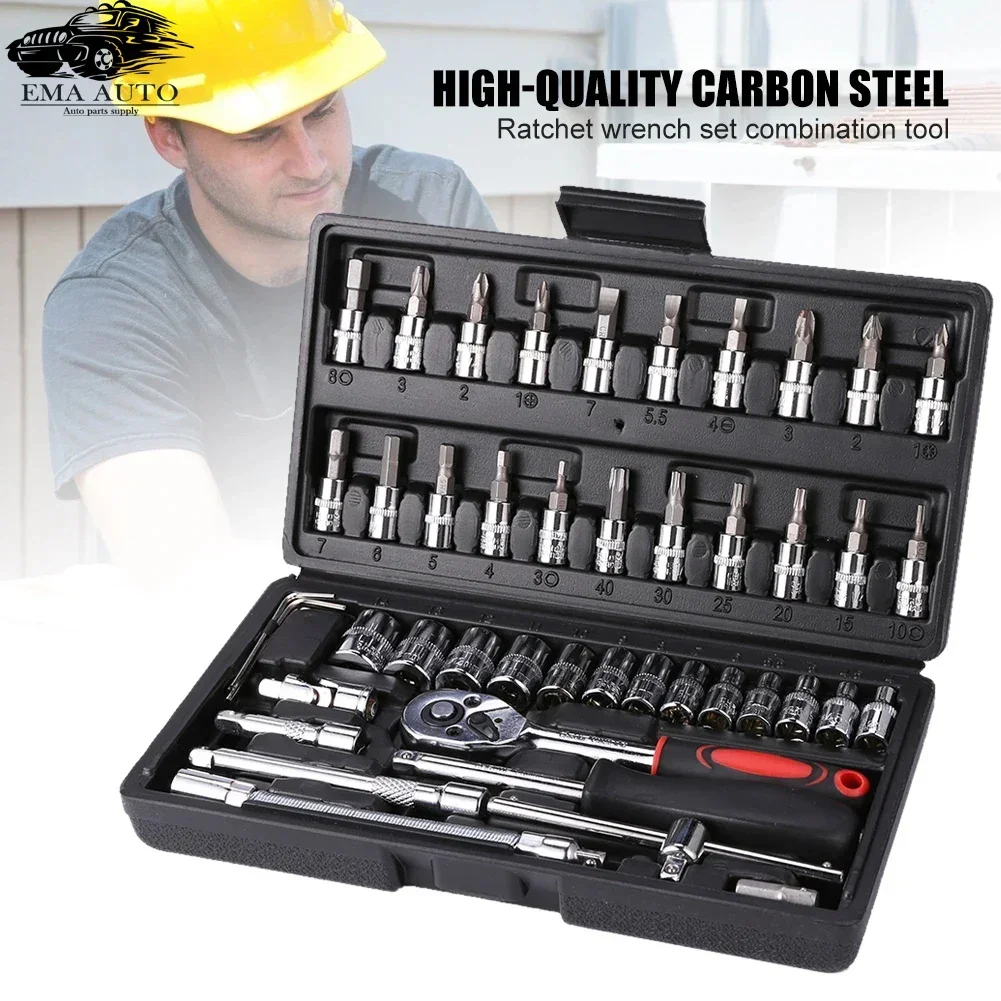 46pc Socket Wrench Set Household Chrome Vanadium Steel Motorcycle Auto Car Repair Tool Ratchet Torque Combo Mechanical Tools Box