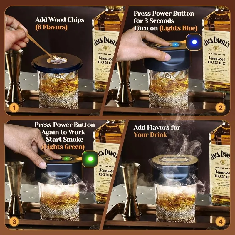 طقم مدخن مشروبات كهربائية عتيقة مكون من 6 رقائق خشبية، مجموعة بلاستيكية مدمجة، هدية بوربون منزلية مثالية #5