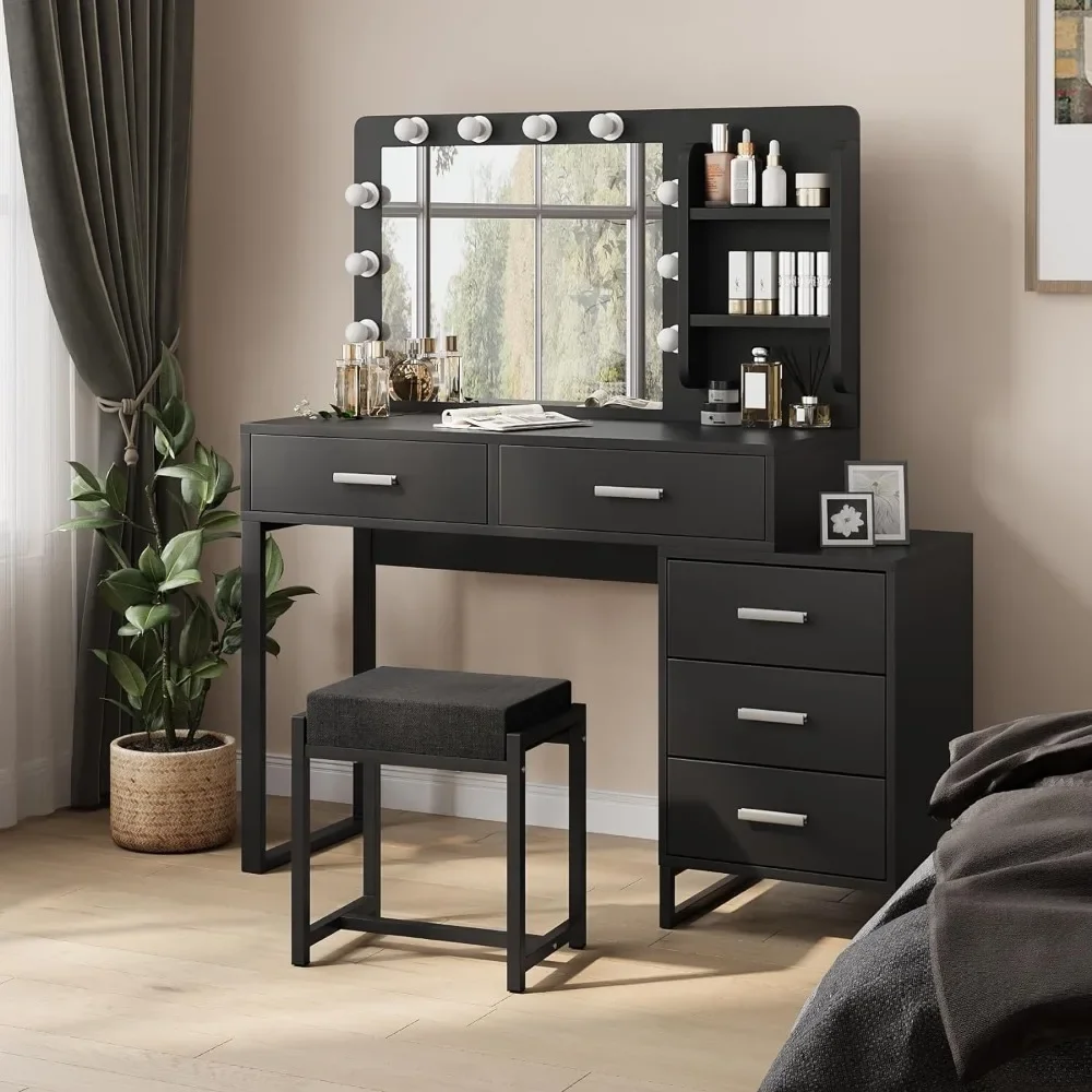 Vanity Mirror with Lights and Table Set,with Storage Shelves and Cushioned Stool 5 Drawers Large Capacity Dressing Table