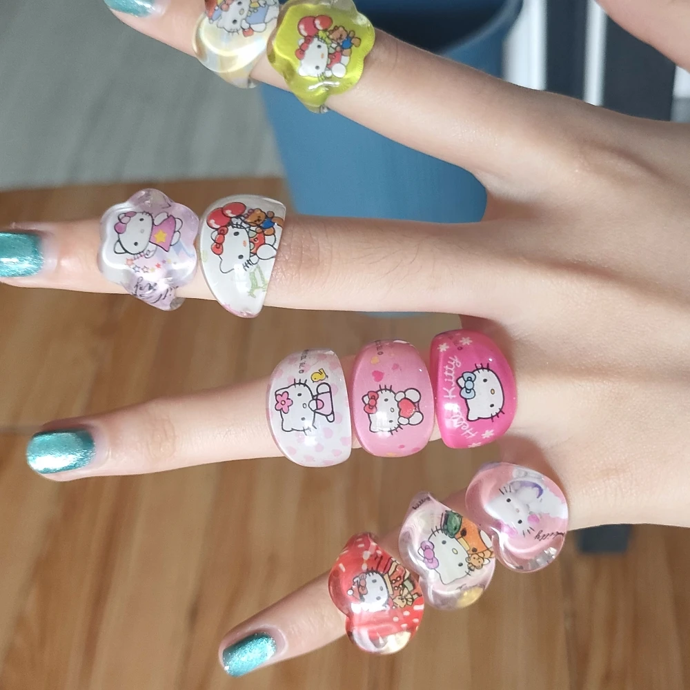 Sanrio Hello Kitty Cute Cartoon Y2K Acrylic Colorful Ring Kawaii Tail Ring Adorkable Kt Cat Hottie Sweet Girl Dress Up Kid Gifts