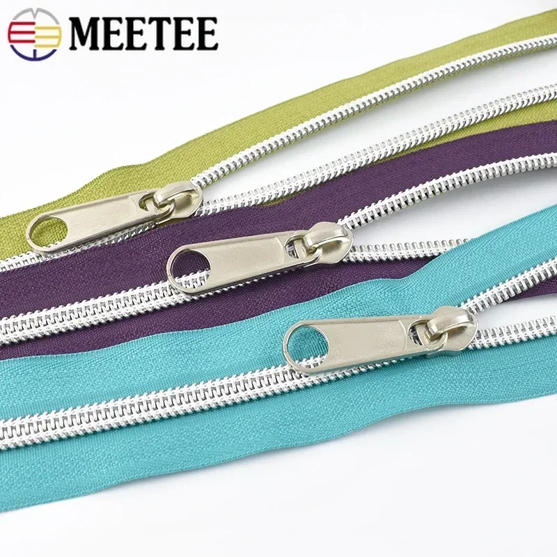 Meetee 2-10Meters 5# Nylon Zippers Silver Teeth Long Chain Zip Tape with Slider for Sewing Bags DIY Clothes Repair Accessories