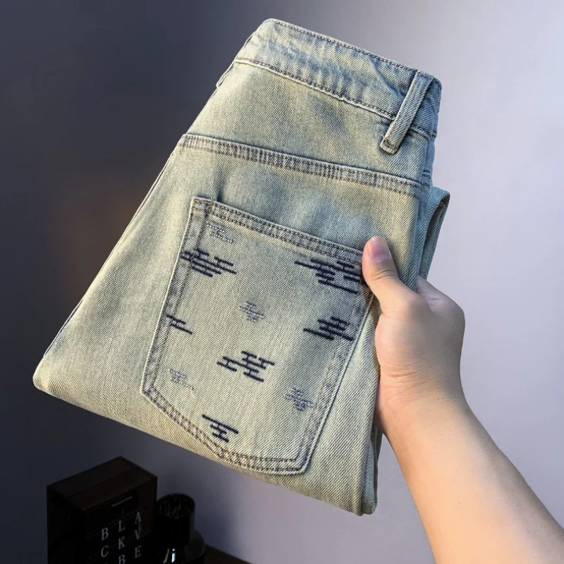 Retro American Jeans Men's Summer Light Blue Thin Micro Harem Trousers Twill Cotton Stretch Casual High-End Men's Clothing