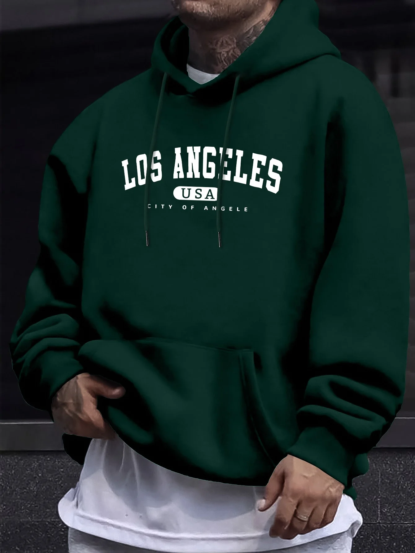 Los Angeles Men's Printed Long-Sleeved Drawstring Hoodie - Casual Style - Autumn/Winter