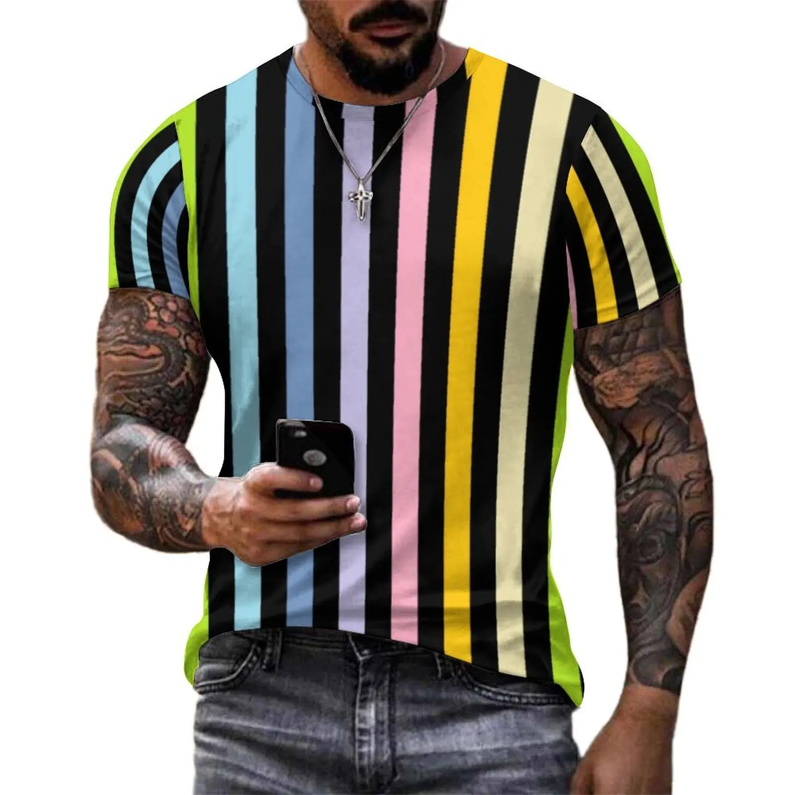 Black Striped T-Shirt Vertical Rainbow Print Vintage T Shirts Men Casual Tee Shirt Summer Short-Sleeve Tees Plus Size 4XL 5XL