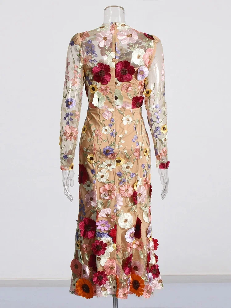 Embroidery Hit Color Dresses For Women O Neck Long Sleeve Slimming High Waist Patchwork Flower Bodycon Dress Female New