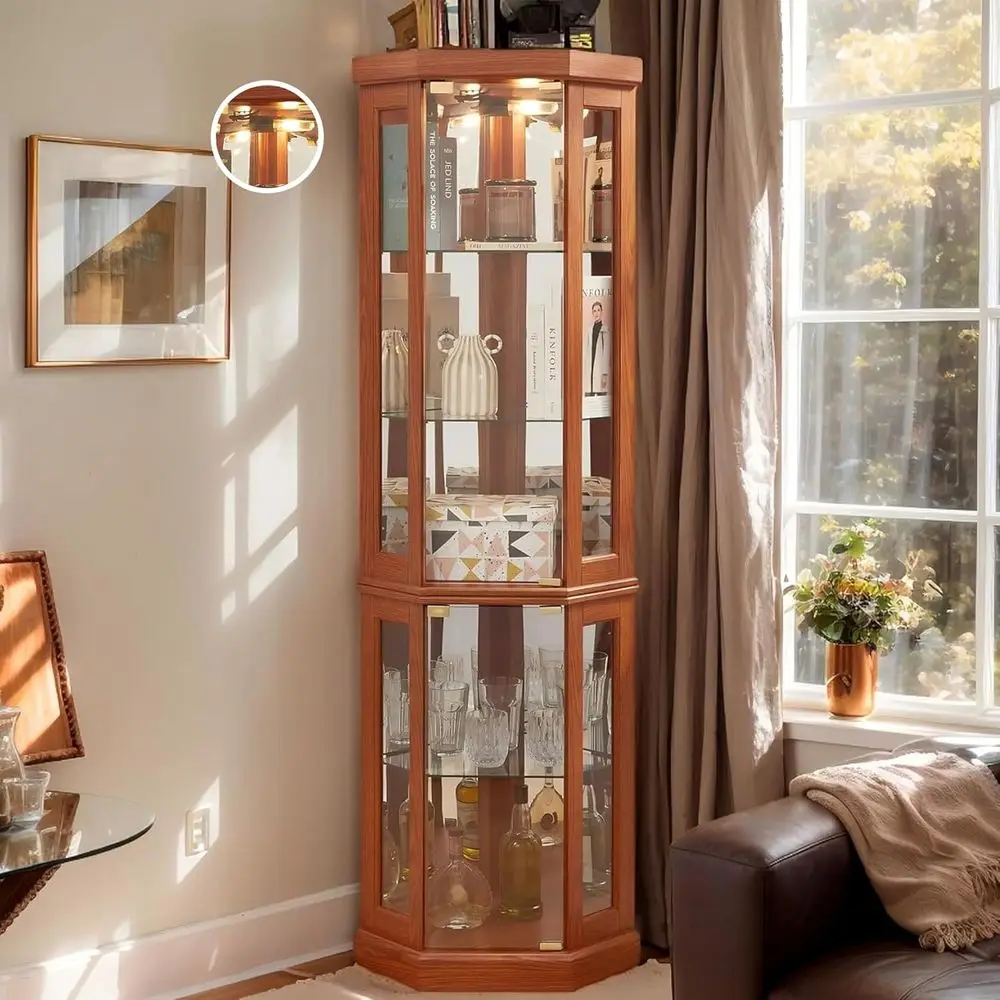 70 Tall Illuminated Glass Display Case with Tempered Glass Doors, Adjustable Shelves, Included Bulb, Ideal for Wine Bar or Livin