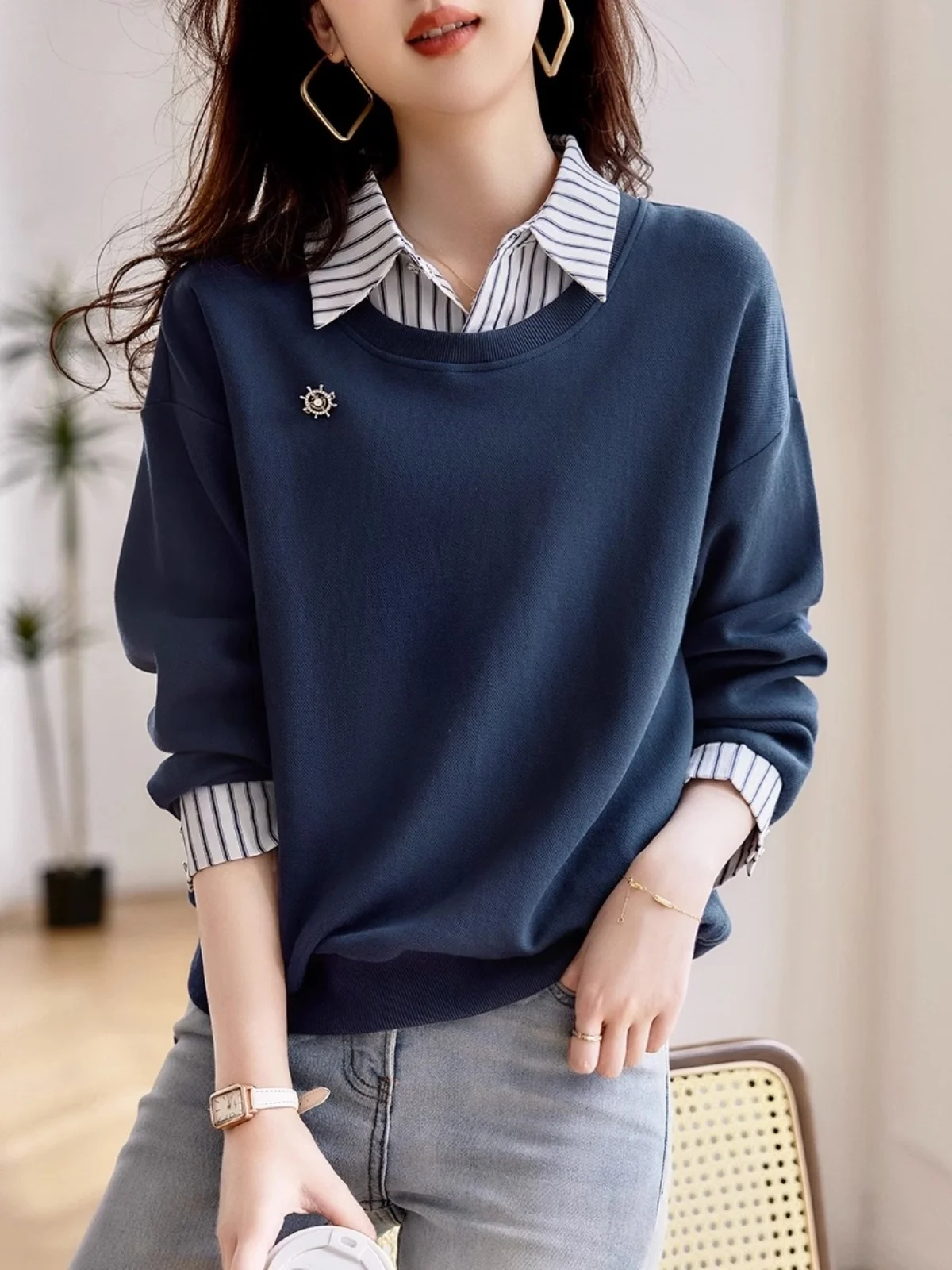 

Повседневная женская толстовка с длинным рукавом, модный универсальный топ, утягивающий фигуру, бренд Outlet, стандартный крой, свободный крой, другие материалы