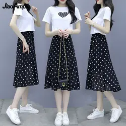 2024 Summer New Short-sleeved T-shirt Chiffon Polka Dot Skirt Two-piece Set Women's All-match White Top Black Midi Skirts Suit