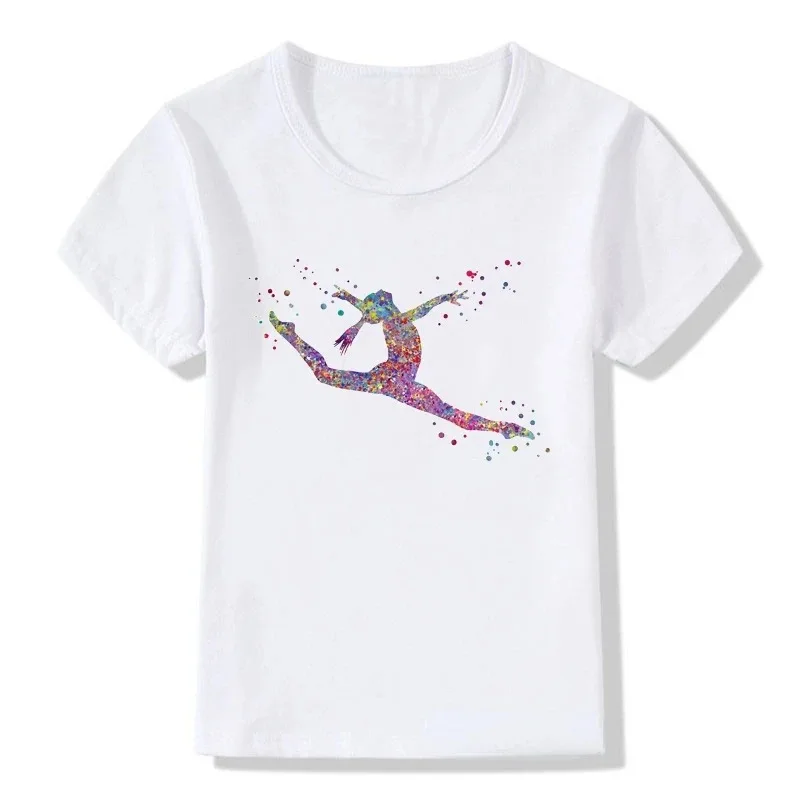 Children\'s Fashion Design Ballet Print Children\'s Short Sleeve T-shirt Girls\' White Base Shirt Girls  Boys Clothes