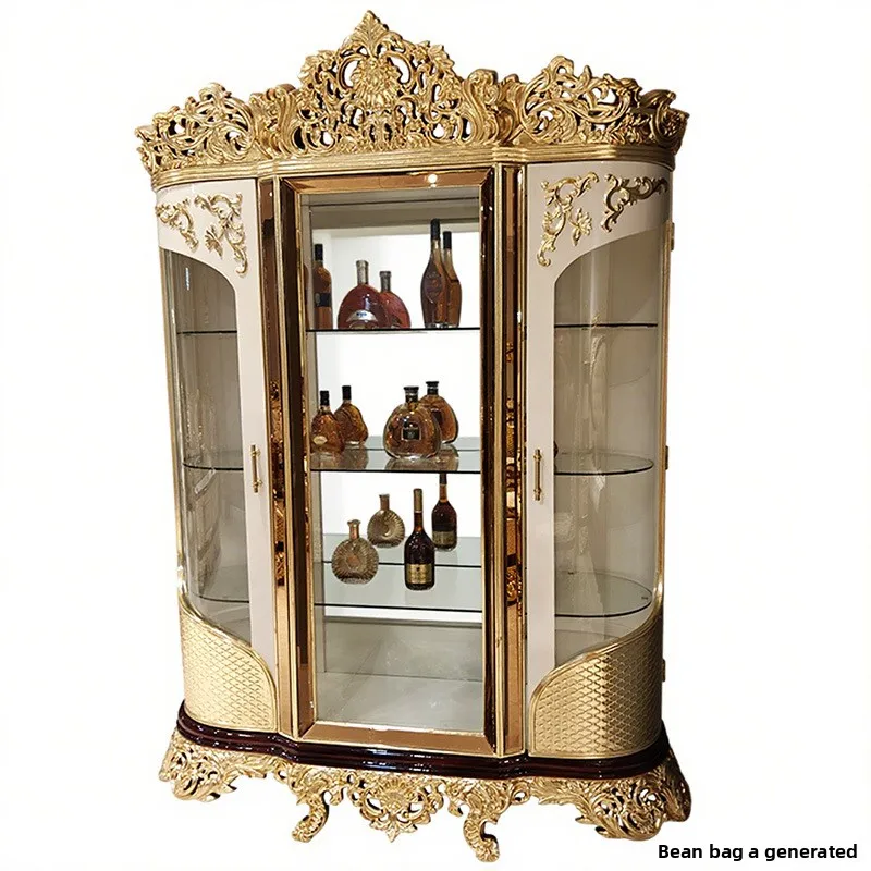 &French Court European Style High-end Handmade Solid Wood Carved Double Door Painted Multi-functional Villa Wine Cabinet Glass