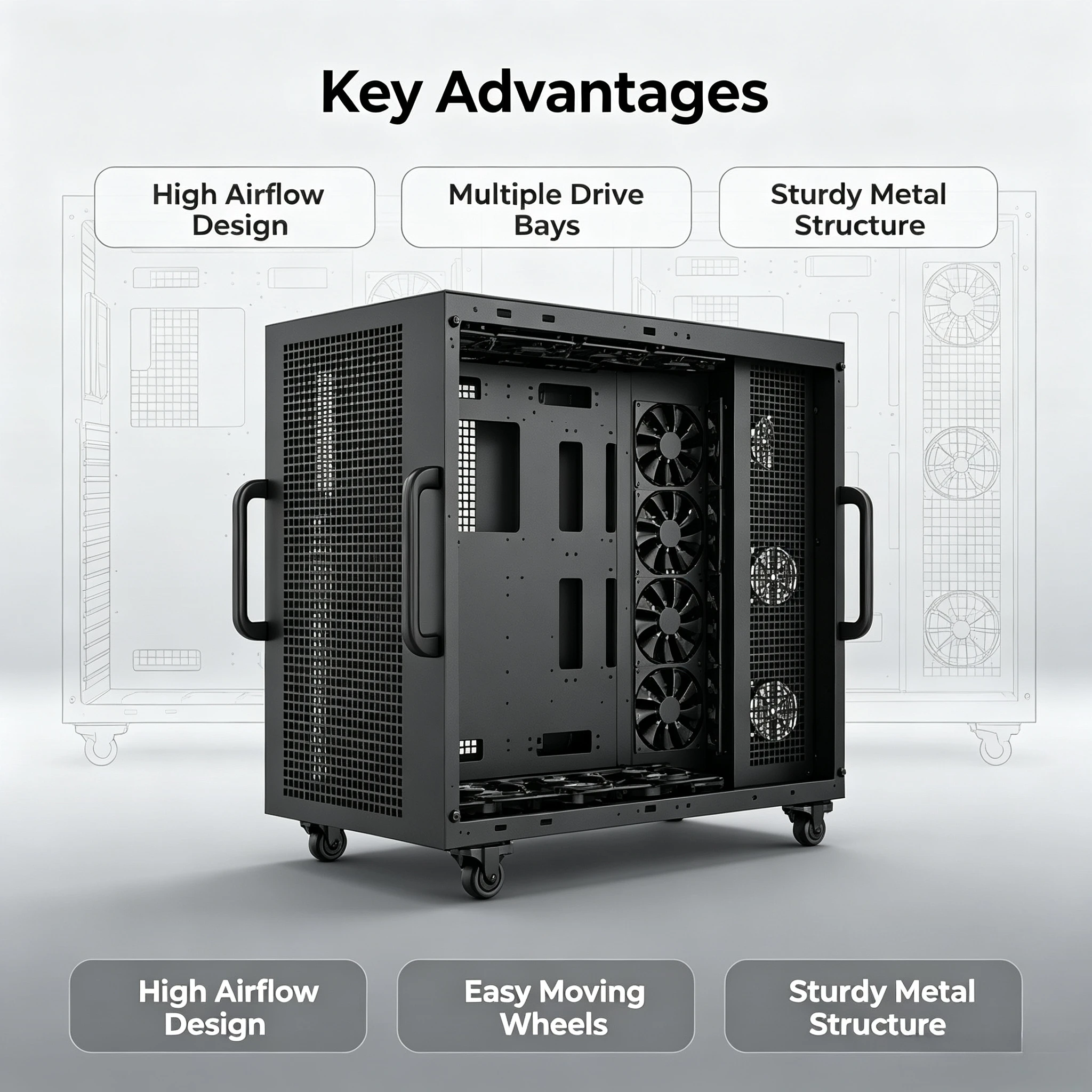 Mid-Tower ATX Metal GPU Computer Case, High Performance RTX40 AI Computing Rack Chassis, Multi-GPU Mining & Workstation Server