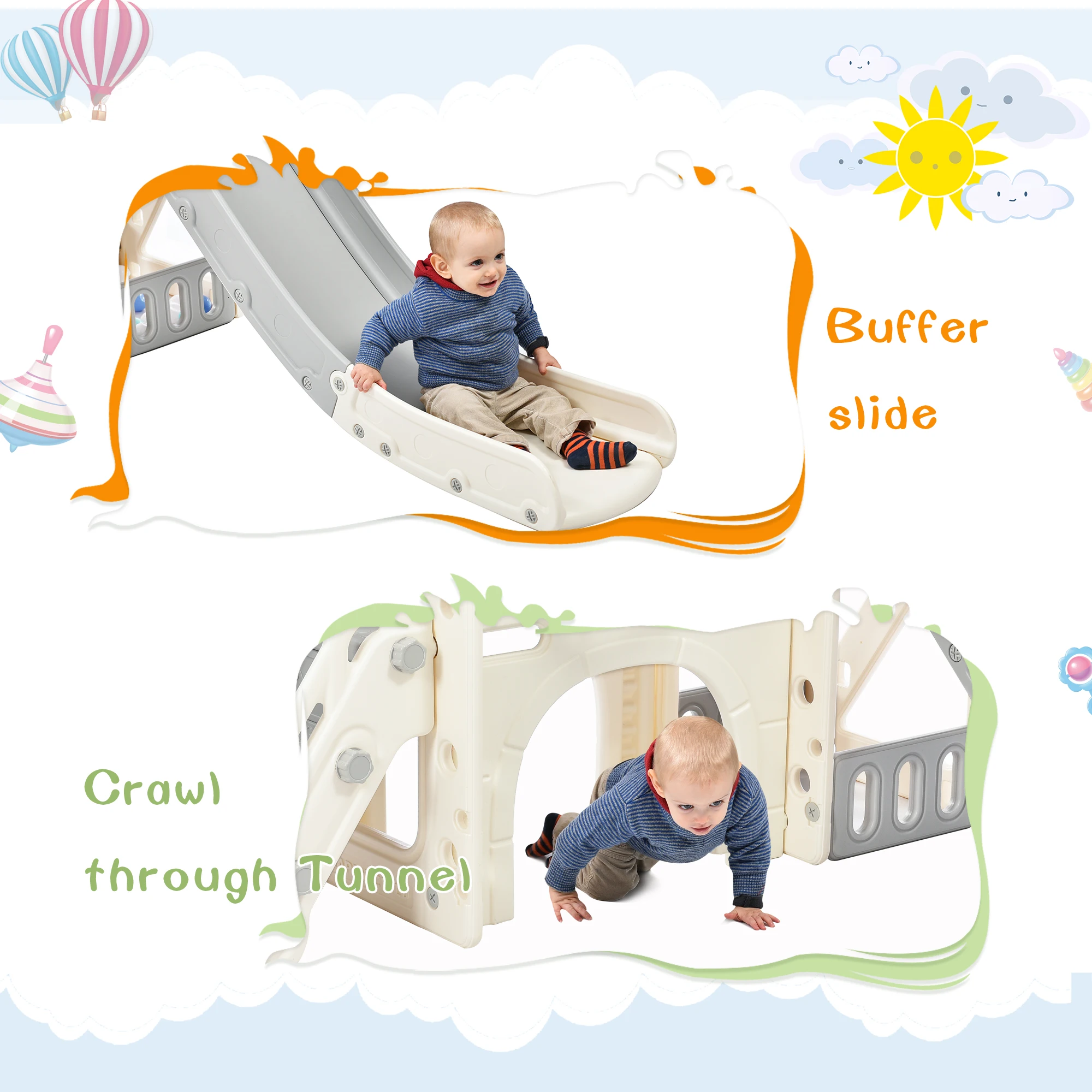 Kids' Slide Playset Estrutura, Castelo Autoportante Escalada Crawling Playhouse com Slide, Arch Tunnel, Ring Toss e Basquete