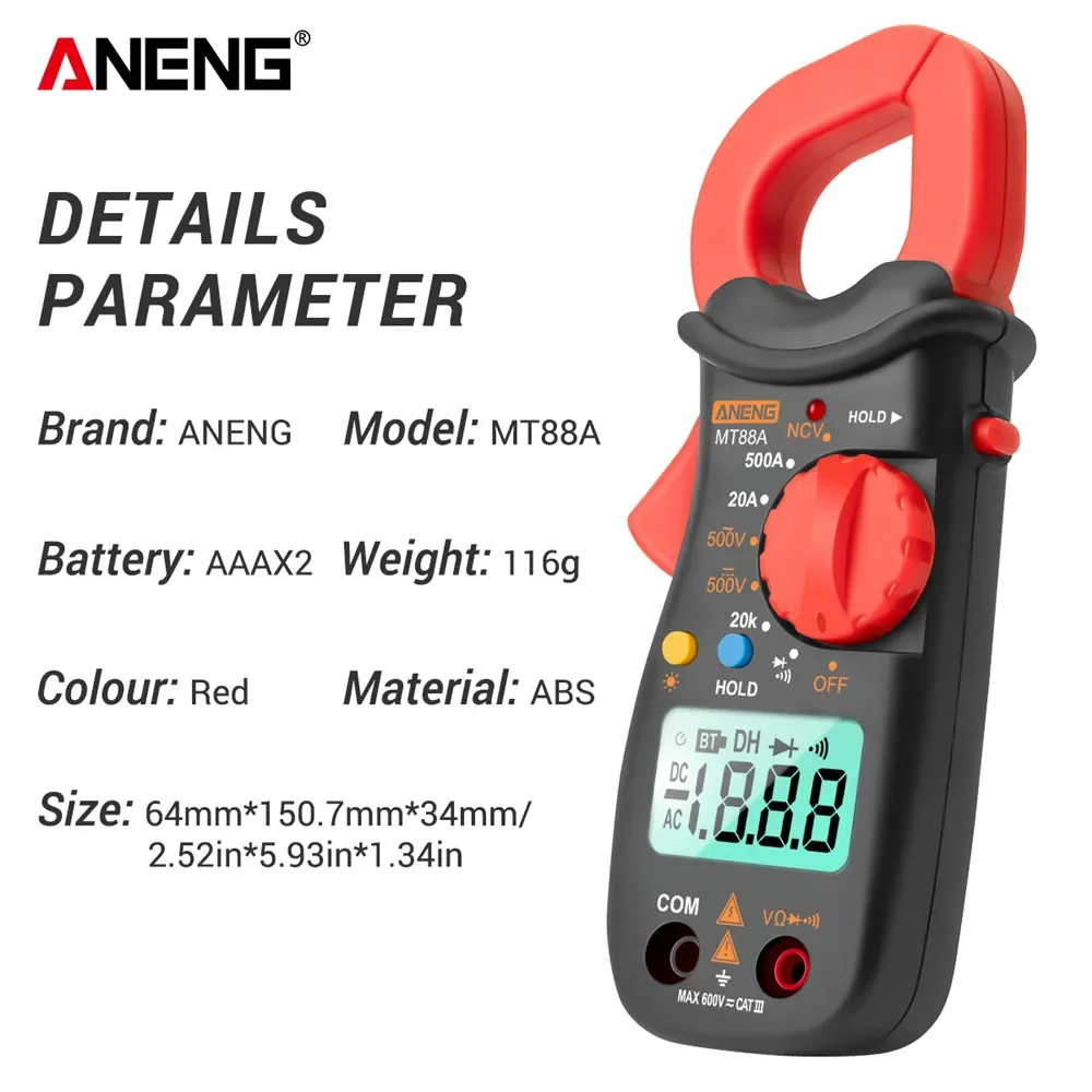 ANENG MT88A Digital Clamp Meter Multimeter DC/AC Voltage AC Current Tester Frequency Capacitance NCV Test