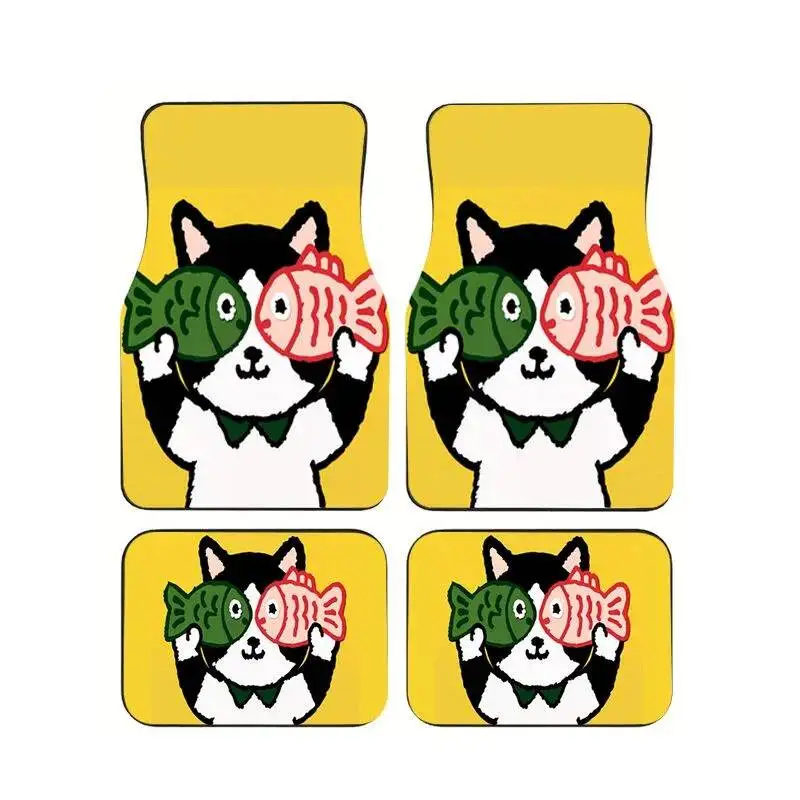 

Black Cat Cartoon Holding Fish Print Car Floor Mats 4Pcs Set Universal Anti-slip Durable Auto Carpet Foot Liners For Sedan SUV